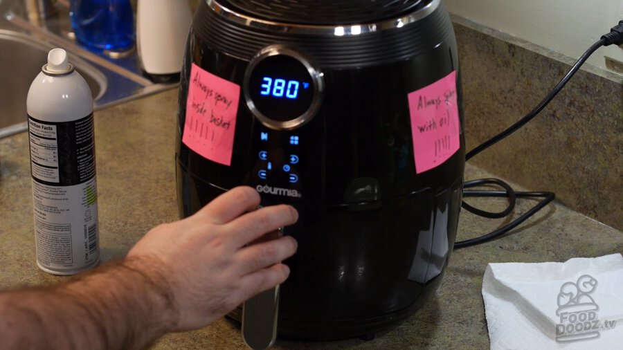 Setting the air fryer to 380 degrees farenheit