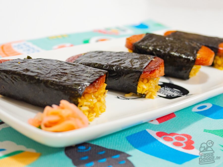 A big delicious plate of fried rice spam musubi. (Hawaiian Japanese Sushi Onigiri)