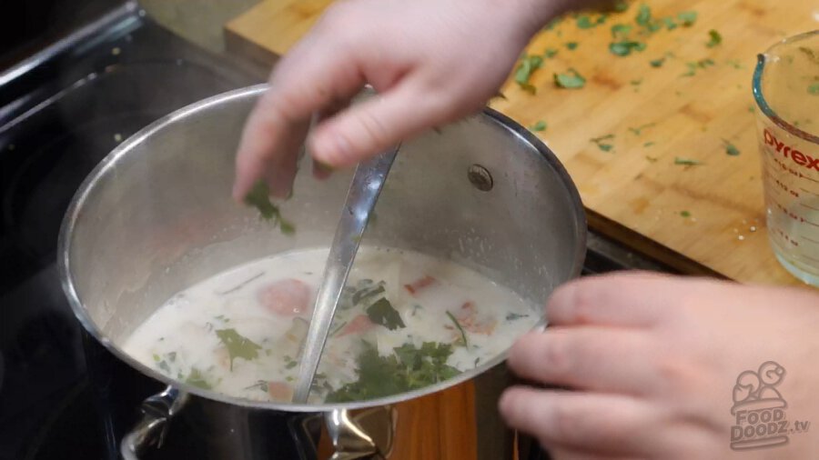 Cilantro, salt, and lime juice added to finished soup