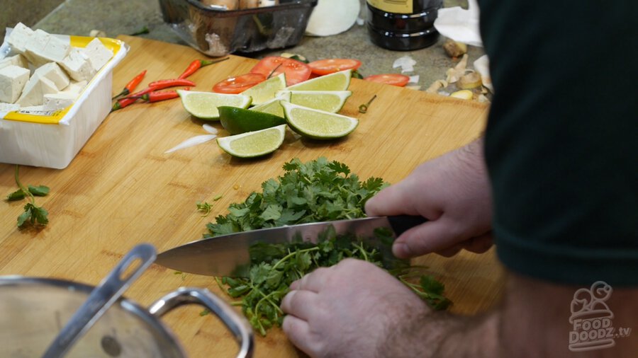 Roughly chopping cilantro