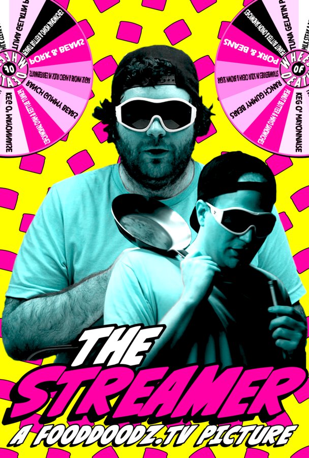 Two large figures colors in blue light wearing very large sunglasses and a black baseball hat backwards. One stands in front looking downward while holding a frying pan on his shoulder and a microphone in the other. The other man is in the background. They are in front of a bright yellow background with pink game show wheels and pink pattered toast. The text The Streamer A FoodDoodz.tv Picture is at the bottom.