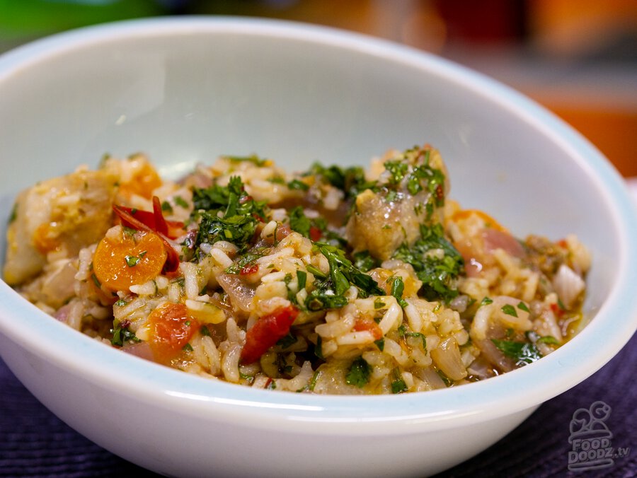 A big delicious bowl of chimichurri chicken rice