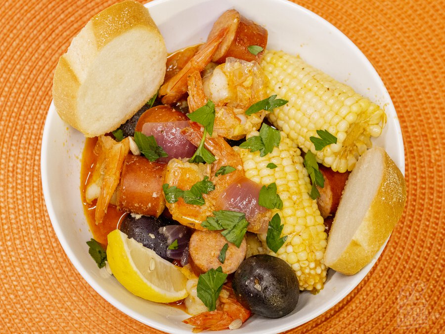 A bowl of our supremely spicy shrimp boil.