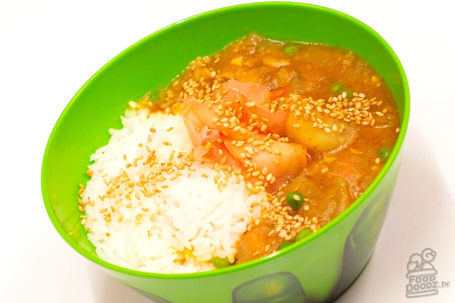 A bowl of our delicious scratch-made Japanese chicken curry.