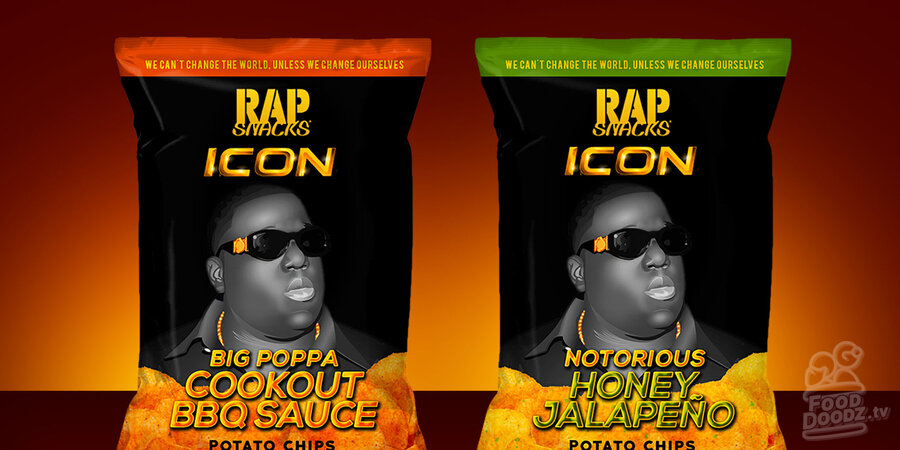 Rap Snacks chips new Biggie Smalls ICON flavors. Big Poppa Cookout BBG Sauce. Notorious Honey Jalapeno