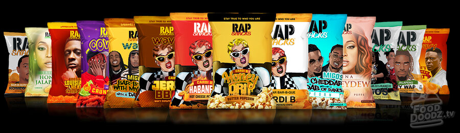 14 colorful snack sized chip bags spread horizontally across the screen. Rap Snacks hip hop corn snacks.