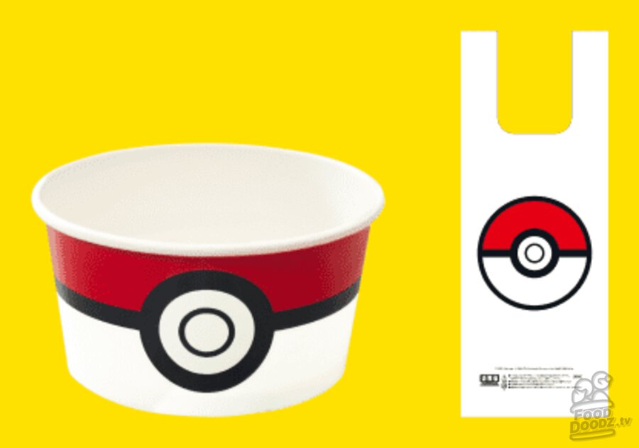Take-out orders come in a Pokéball themed paper bowl and plastic bag featuring the Pokéball icon